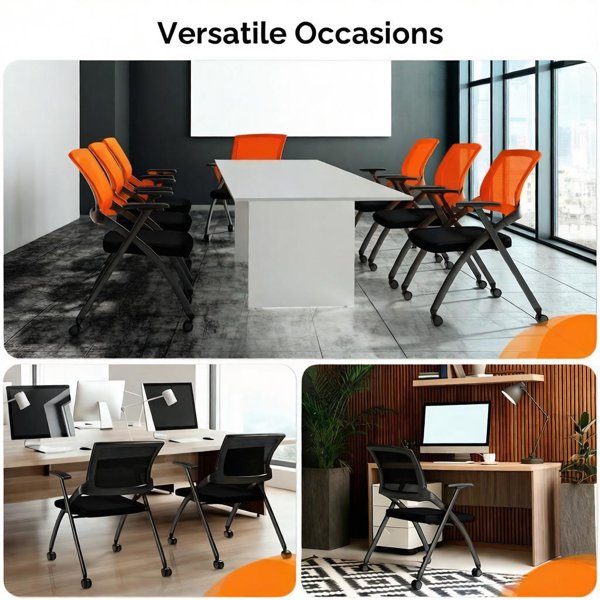Stackable Folding Office Chair with Wheels - Ergonomic Padded Seat, 350lbs Capacity, Orange