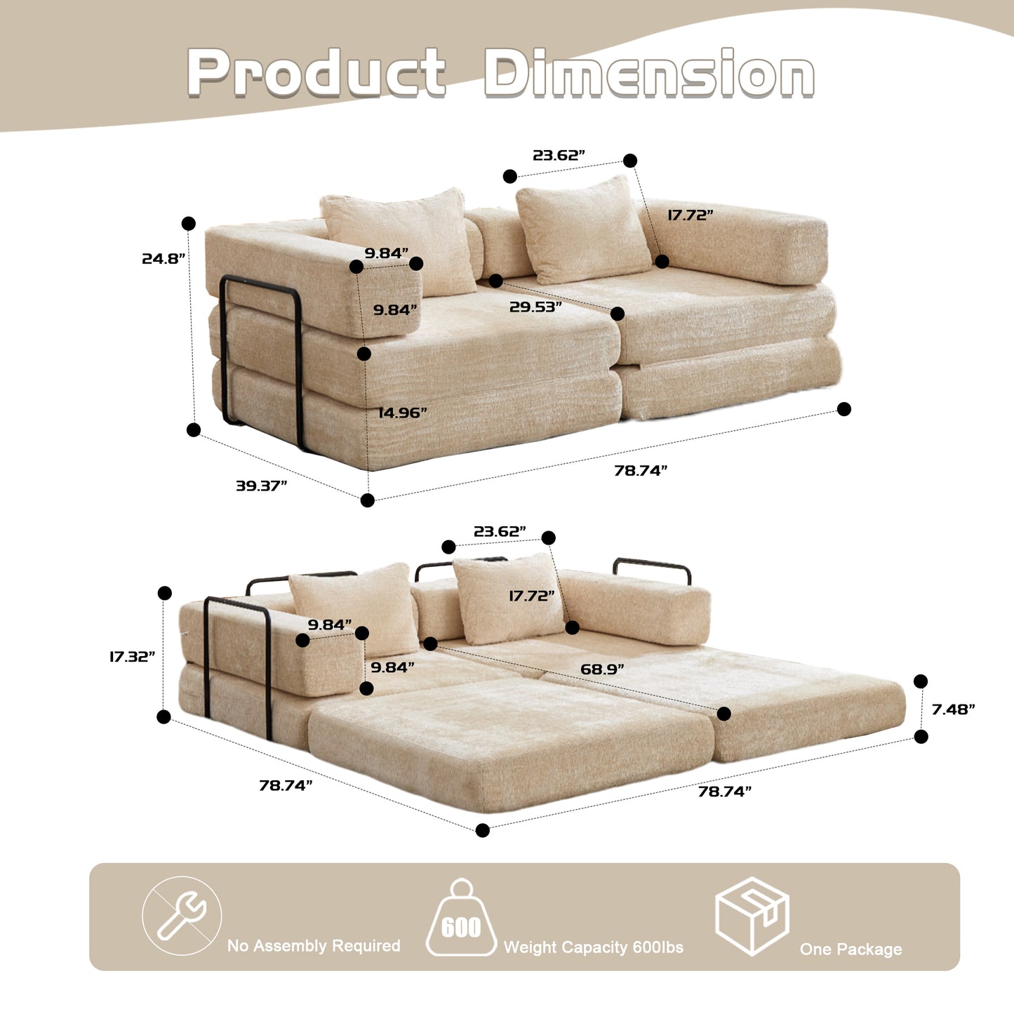 Convertible Compression Sofa Bed - Beige Chenille Fabric