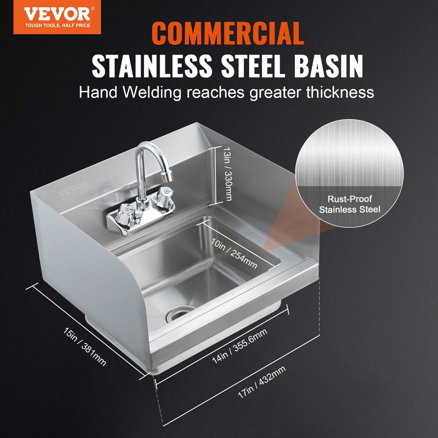 Stainless Steel Hand Sink with Faucet & Side Splash - 17x12.8 Inch