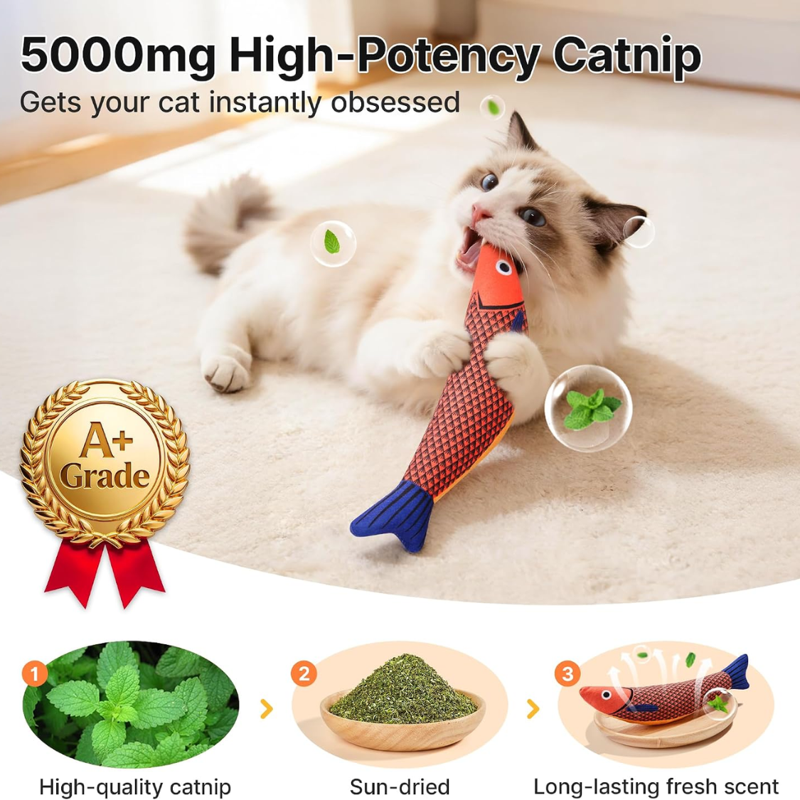 Interactive Catnip Fish Toys 3 Pack - Soft Plush, Crinkle Sound, Multicolor Kitten Kicker Toys