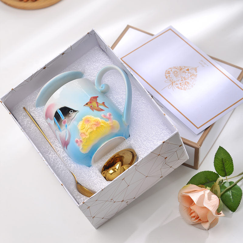 Cute Fish Enamel Porcelain Mug with Lid and Spoon - 350ml