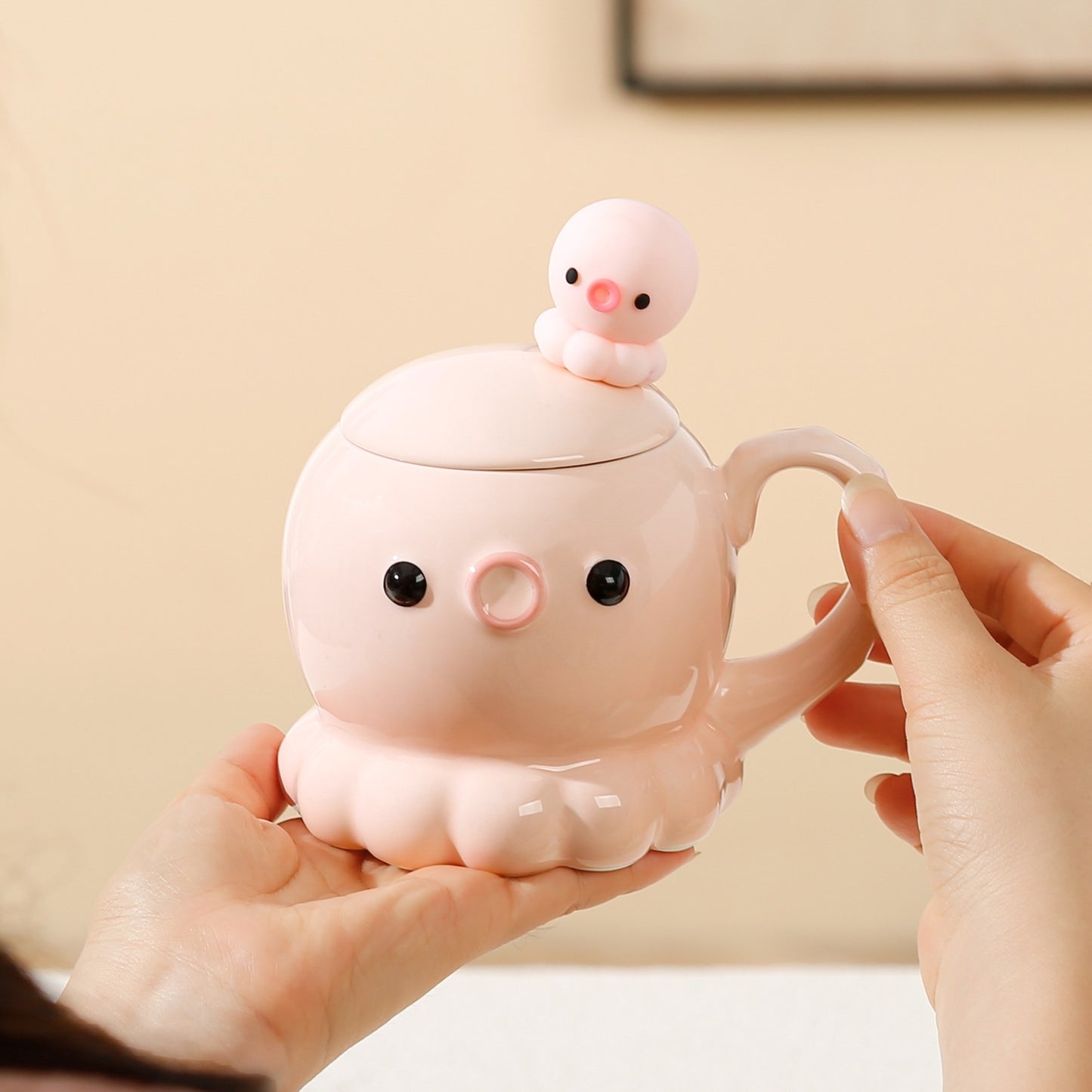 Cute Jellyfish Ceramic Coffee Mug with Cover and Spoon - 381ML