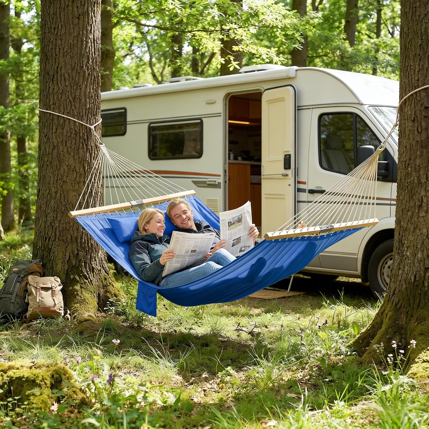 Double Outdoor Hammock for 2 - Quilted with Natural Wood & Navy Blue