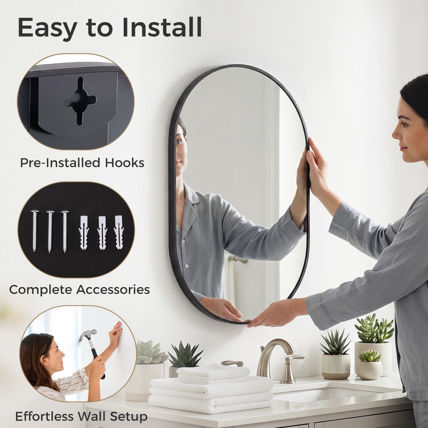 Bathroom Mirror, Oval Wall With Rust-proof Metal Frame And Tempered