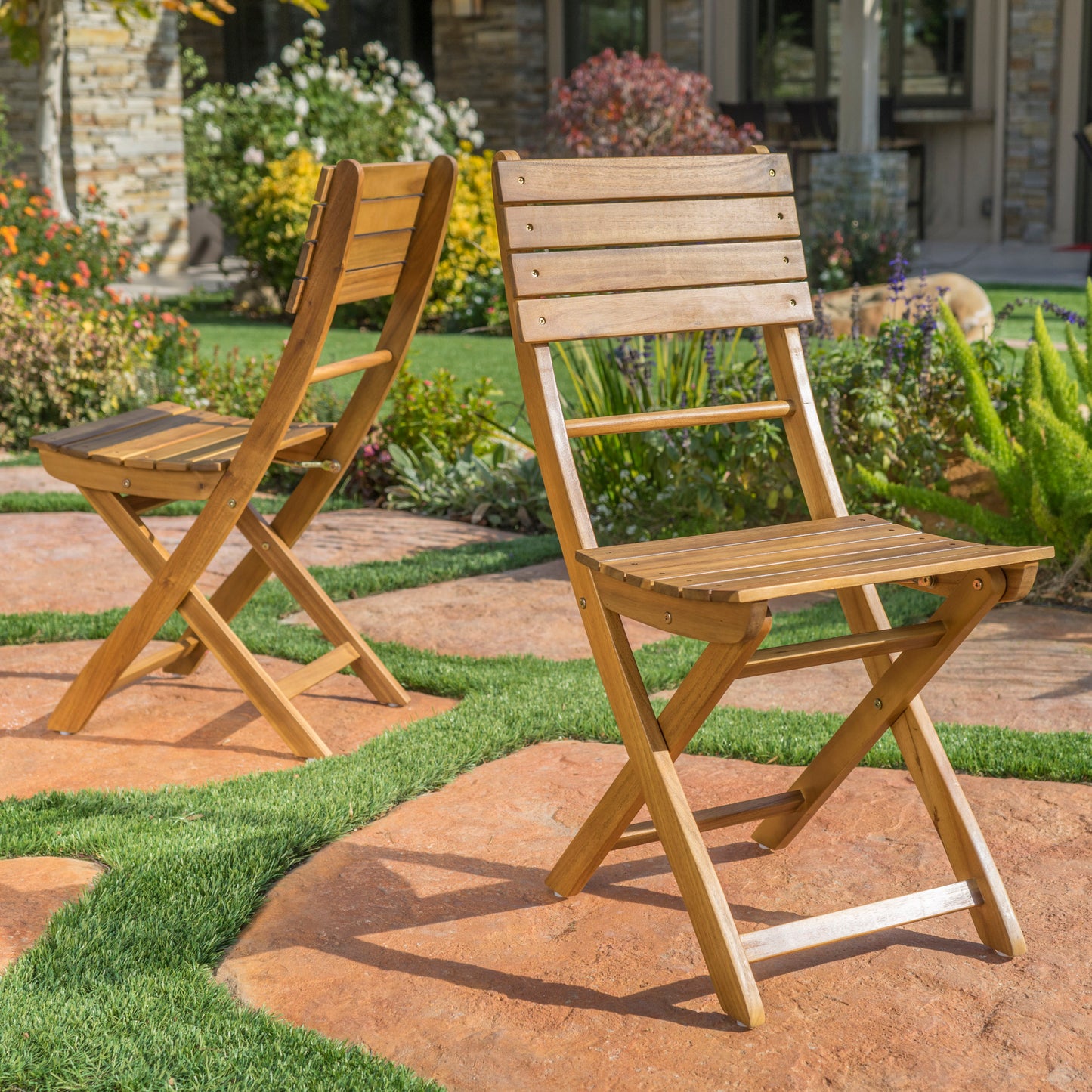 Outdoor Acacia Wood Folding Dining Chair Set - Natural Finish