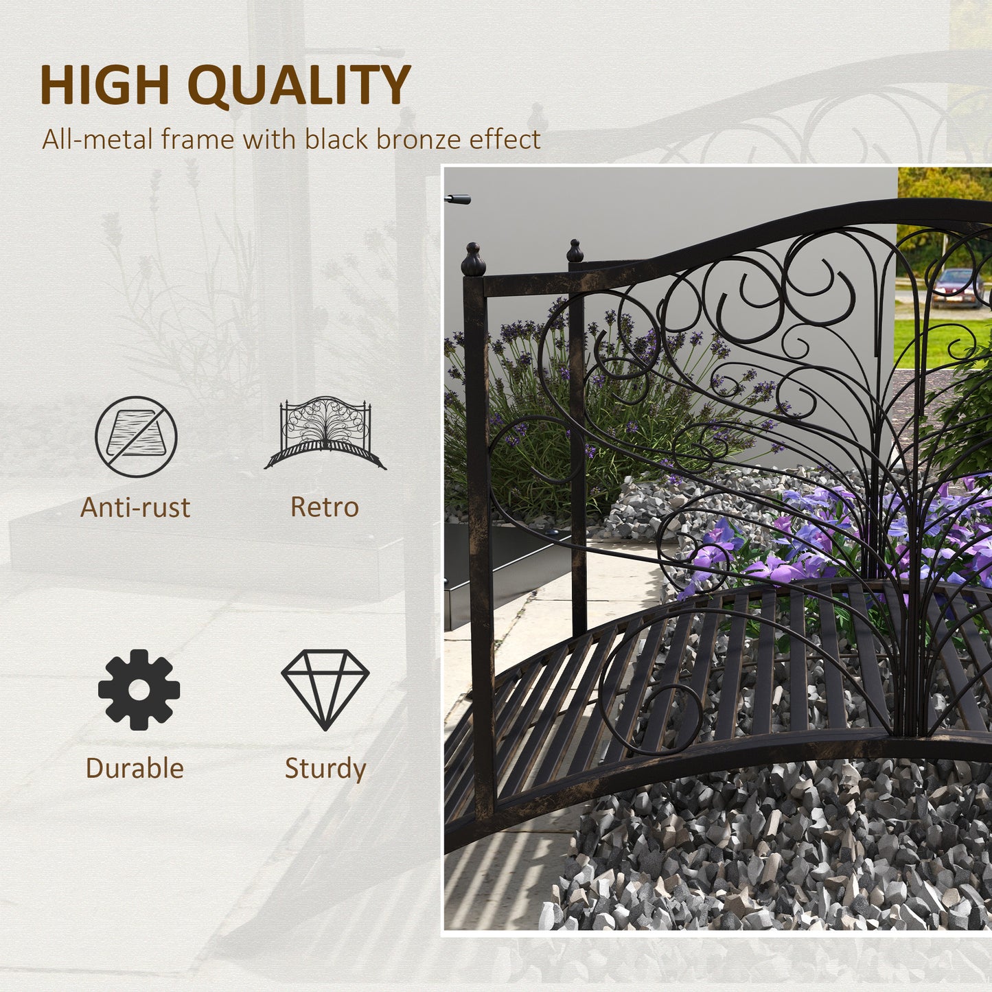 4-Foot Metal Garden Bridge with Scrollwork & Safety Siderails, Easy Assembly, Black or Bronze