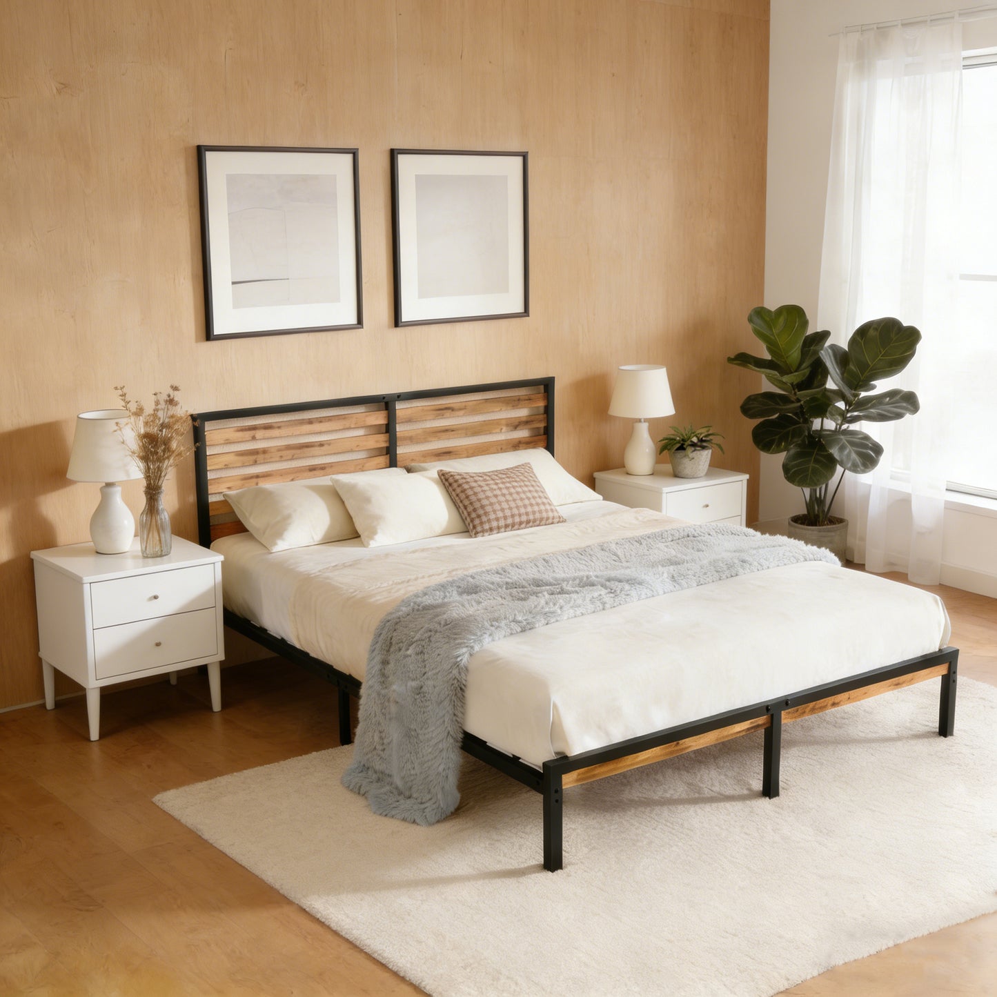 Full Size Platform Bed Frame with Wood Headboard & Under Bed Storage