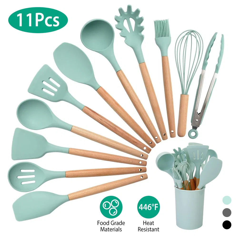 11-Piece Silicone Cooking Utensil Set with Wooden Handles