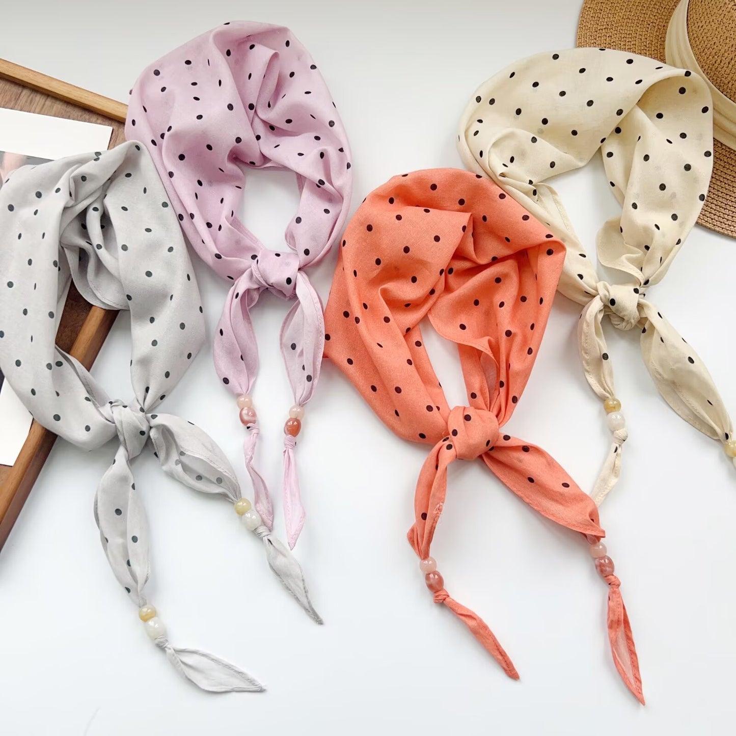 Korean-Style Floral Beaded Cotton Scarf & Headband Set - Retro Fashion Accessory