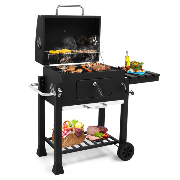 Heavy-Duty Charcoal Grill with Foldable Side Table and Wheels for Outdoor Cooking