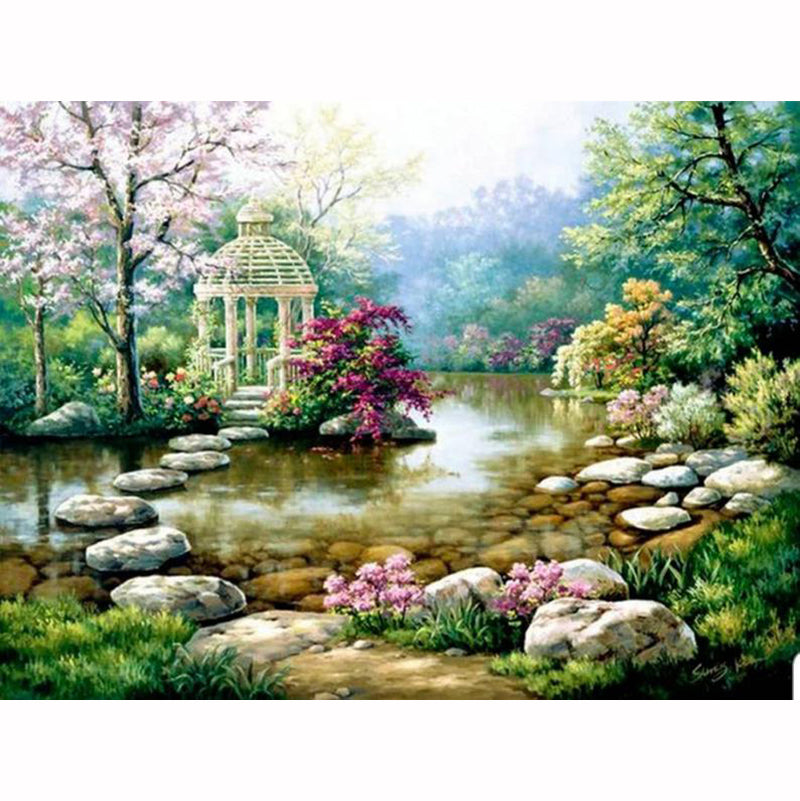 Embroidery DIY Diamond Painting Cross Stitch Kit - Scenic Garden Scene