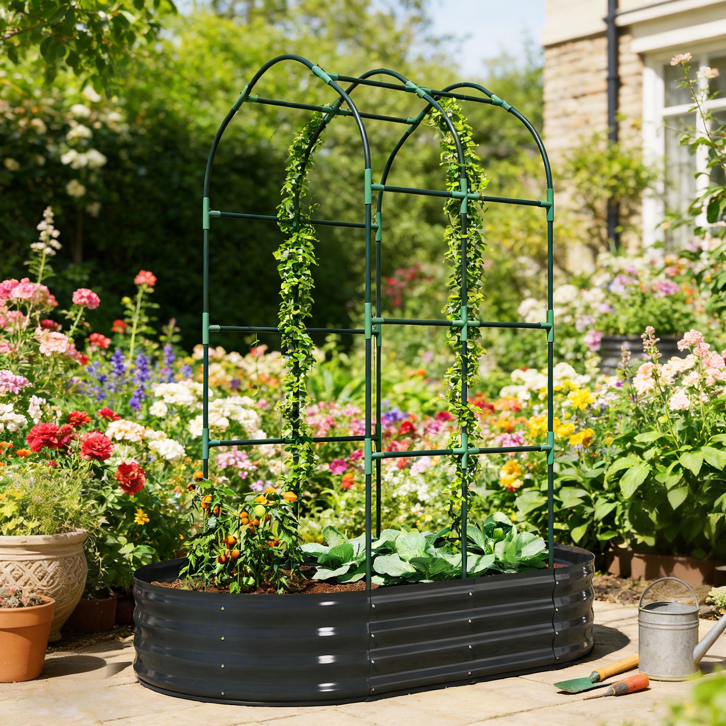 Galvanised Raised Garden Bed with Arched Trellis - Outdoor Metal Planter Box 5x3x6ft