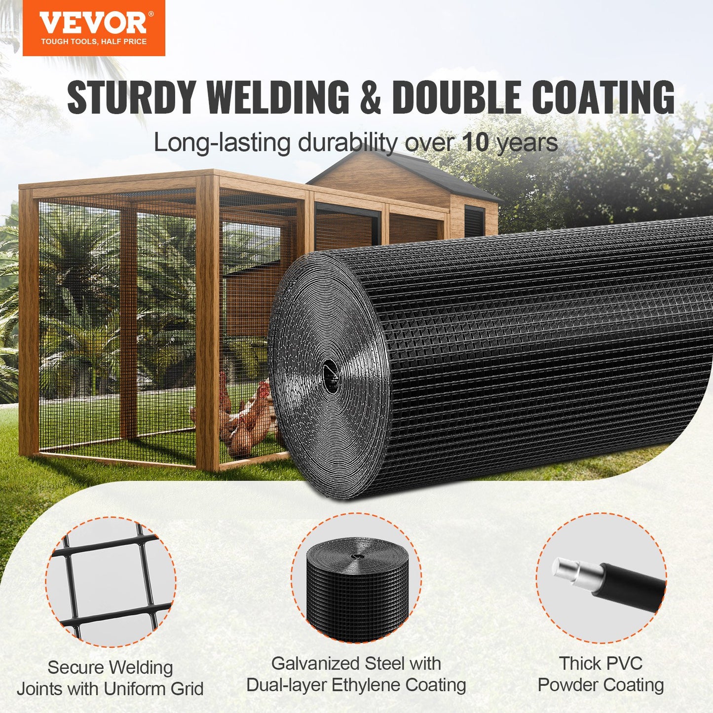 Galvanized Wire Mesh Roll for Garden Fencing 36x50ft - Black, 19 Gauge Chicken & Poultry Enclosure
