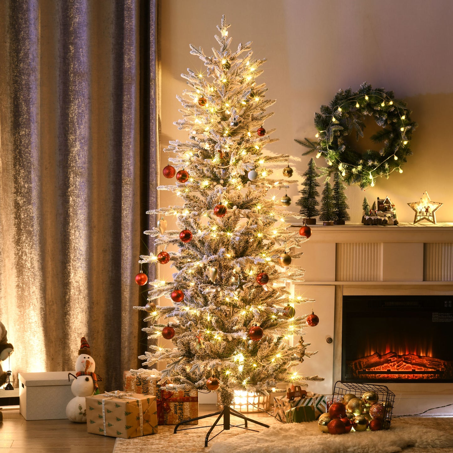 6ft Pre-Lit Artificial Flocked Christmas Tree with Warm Lights