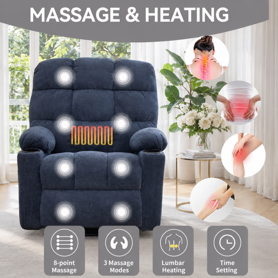 Power Lift Recliner Chair with Heat, Massage & Cup Holders - Blue