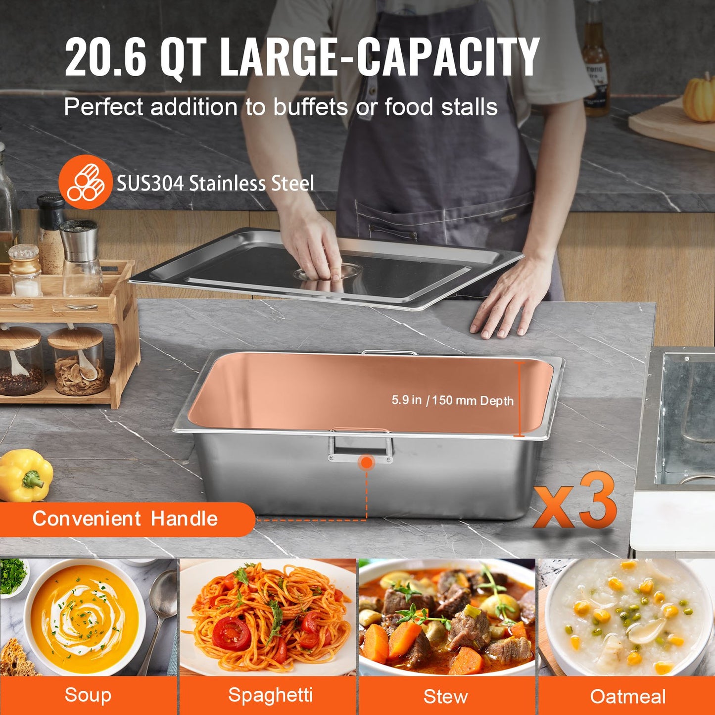 Commercial Food Warmer with 3 Pans and Acrylic Sneeze Guard - 1500W Stainless Steel Buffet Server, Silver