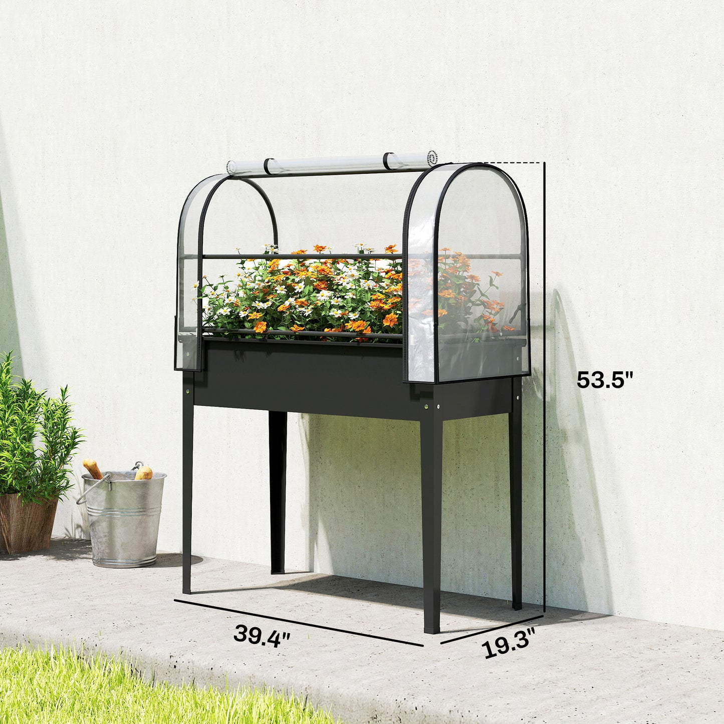 Raised Garden Bed with Greenhouse Cover, Metal Elevated Planter with Legs and Drainage, Black 1110x510mm