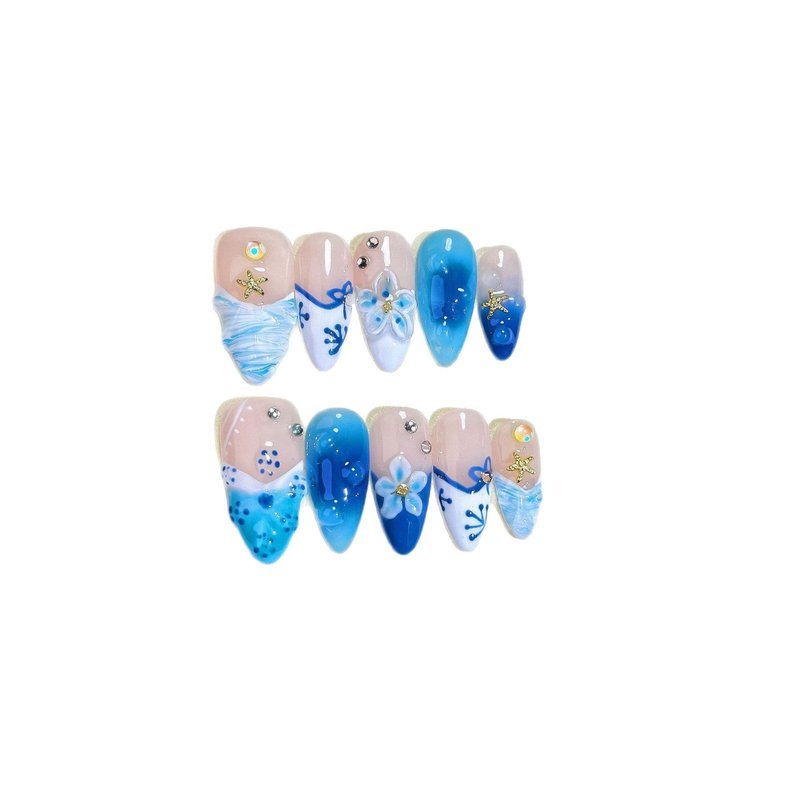 Blue Hand-Painted Fake Nails - Multiple Sizes