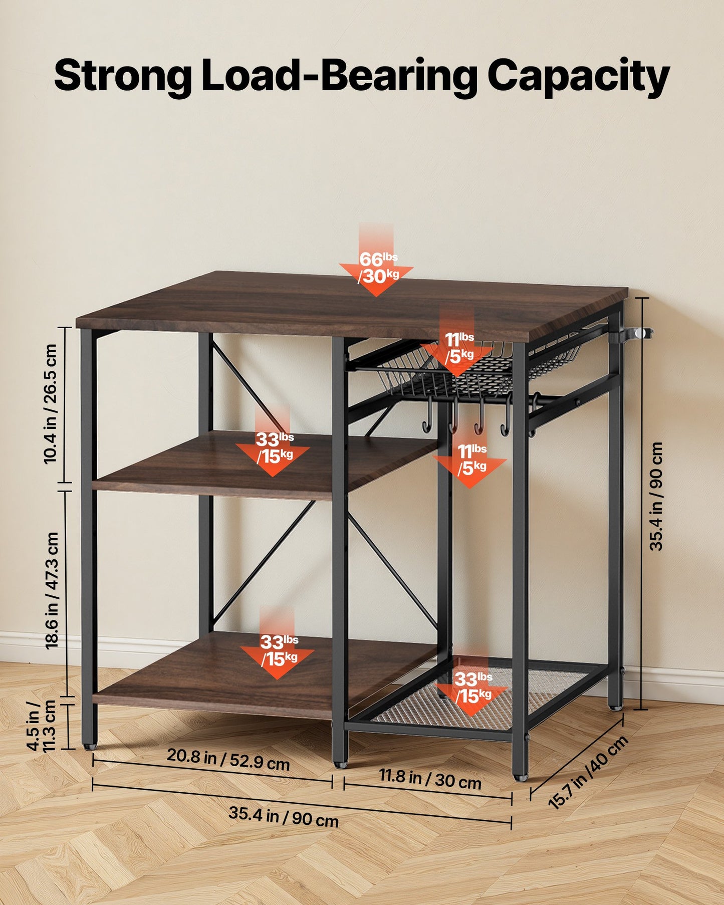 Black Kitchen Bakers Rack with Multi-Layer Storage and Hooks - 35.4 Inch Wide