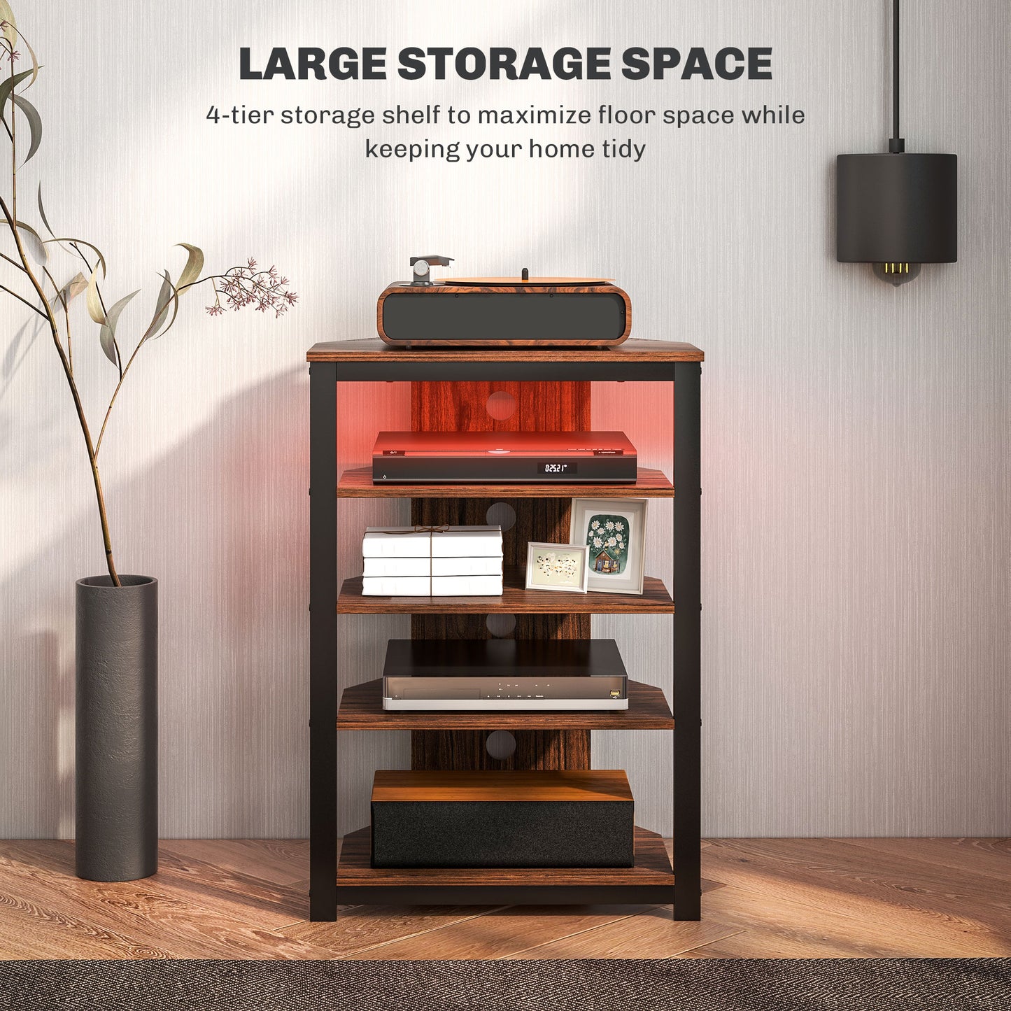 RGB LED TV Stand with Storage Shelves - Chestnut Brown