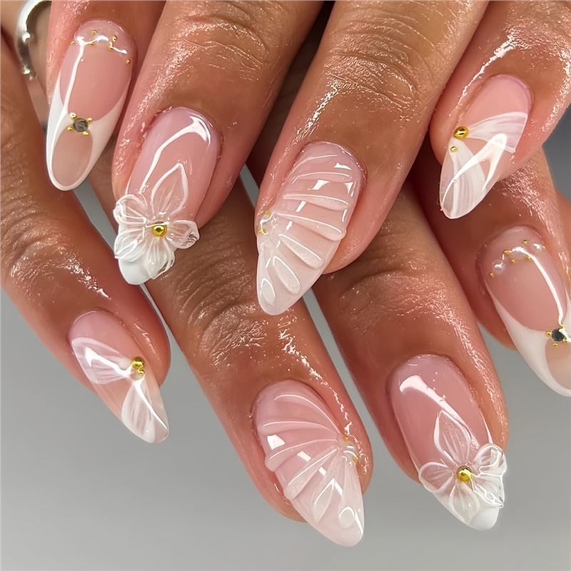 Fake Nail Set with Water Ripple Design - White & AA214 Style