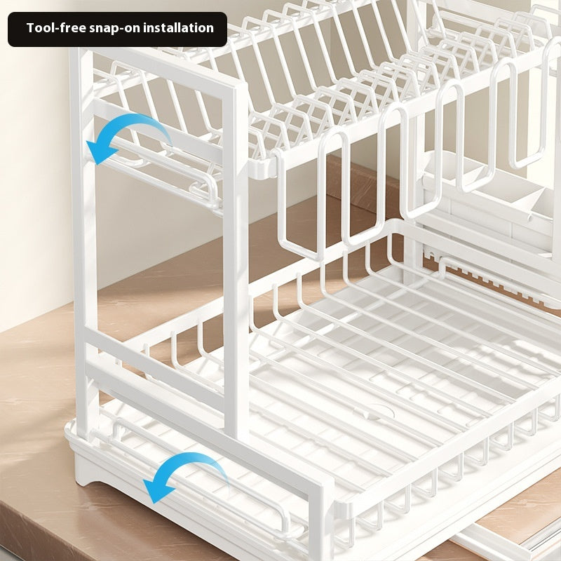 Kitchen Multi-Functional Storage Rack with Hanging Cup Drain Basket - Double Layer White