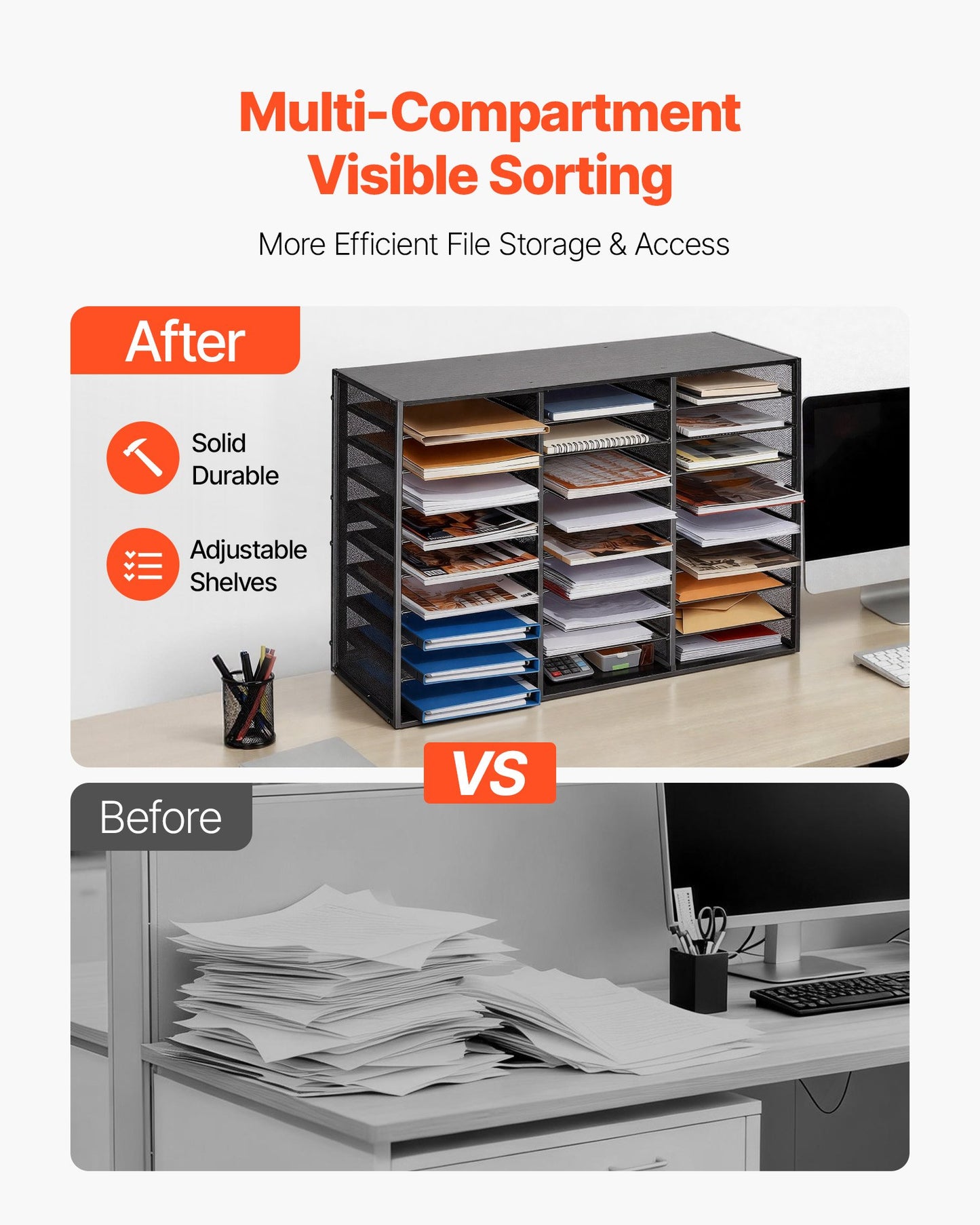 Metal Literature Organizer with 27 Compartments and Wooden Top - Office & Home File Storage