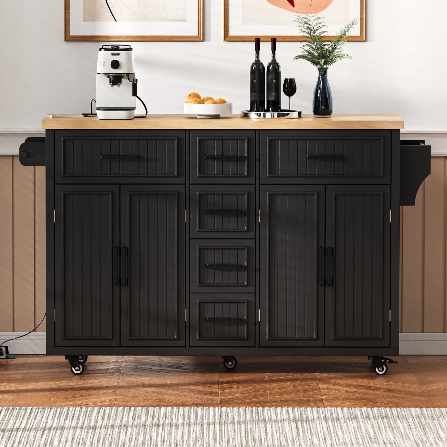 K&K 56.5 Kitchen Island With Drop Leaf, Power Outlet, Embossed