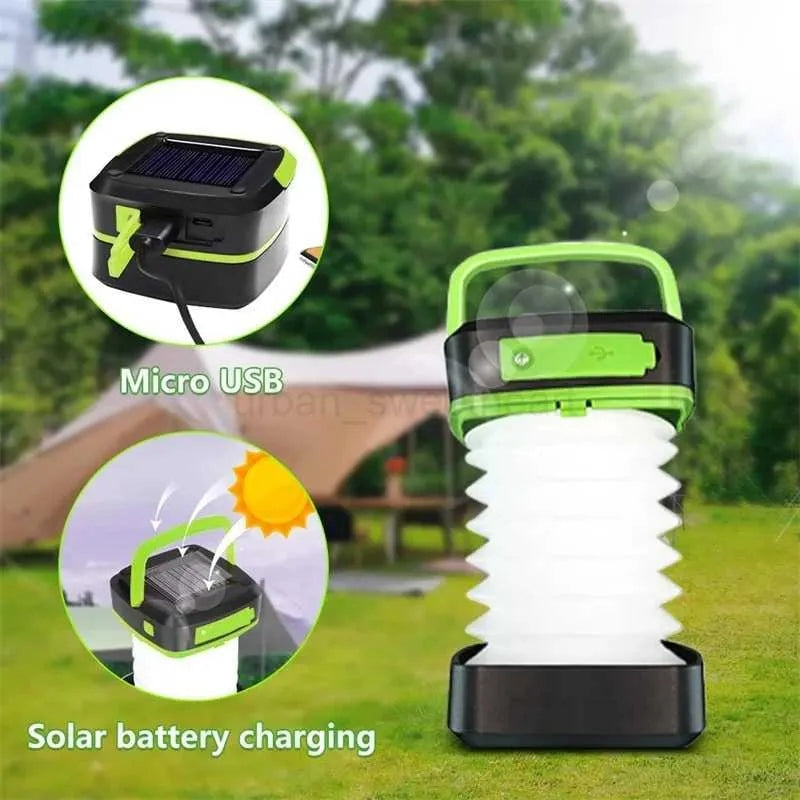 Rechargeable Solar Camping Lantern with Power Bank, Foldable Waterproof LED Light - Green