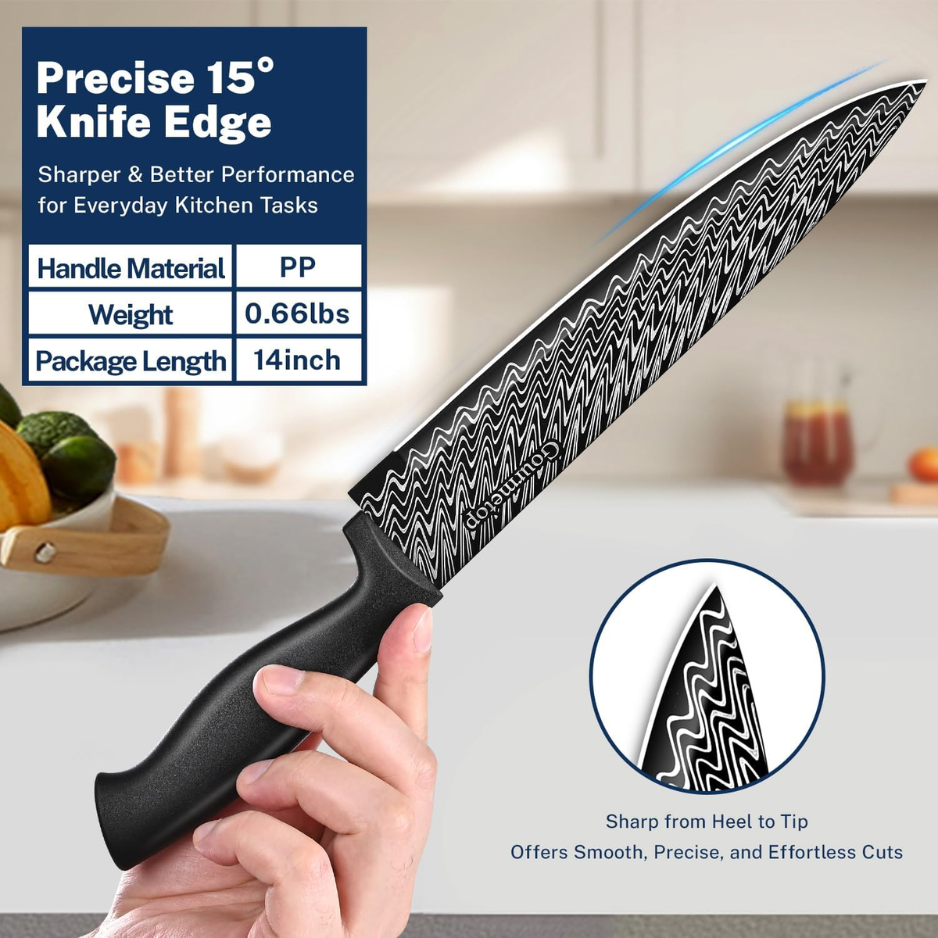 3-Piece Kitchen Knife Set with Blade Covers - Black Damascus Pattern