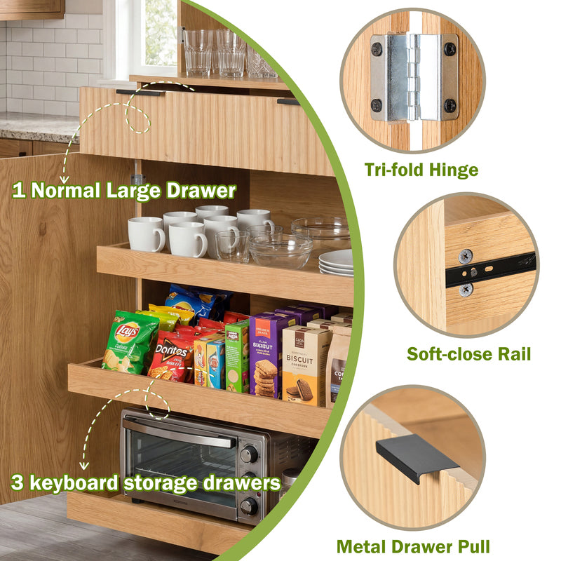 72-Inch Fluted Kitchen Pantry Cabinet with 3 Drawers & 6 Shelves - Oak