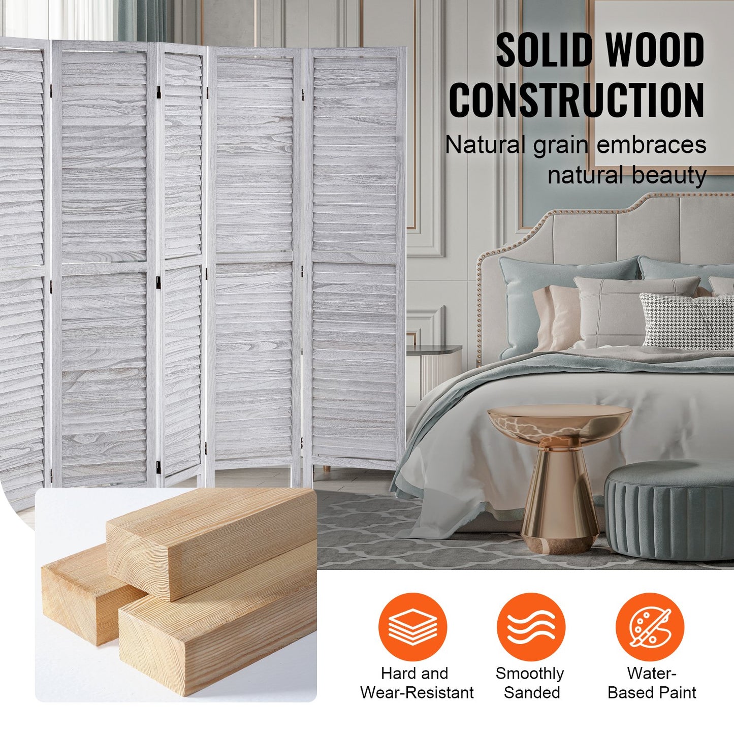 6-Panel Wood Folding Room Divider - 66.9 Inches Tall, White