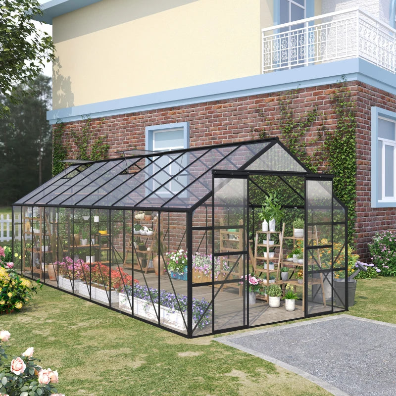 Aluminum Walk-In Greenhouse Kit with Polycarbonate Panels & Adjustable Roof Vent - Black or Clear