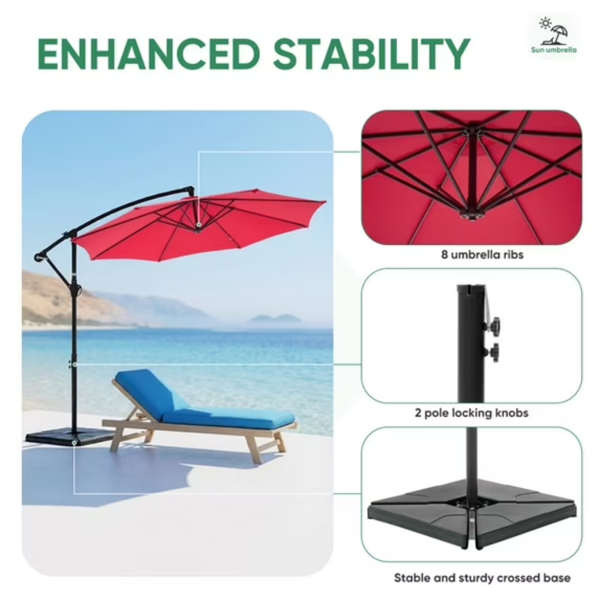 10ft Offset Outdoor Patio Umbrella with Base Stand, Tilt & Rotate, UV Protection, Red