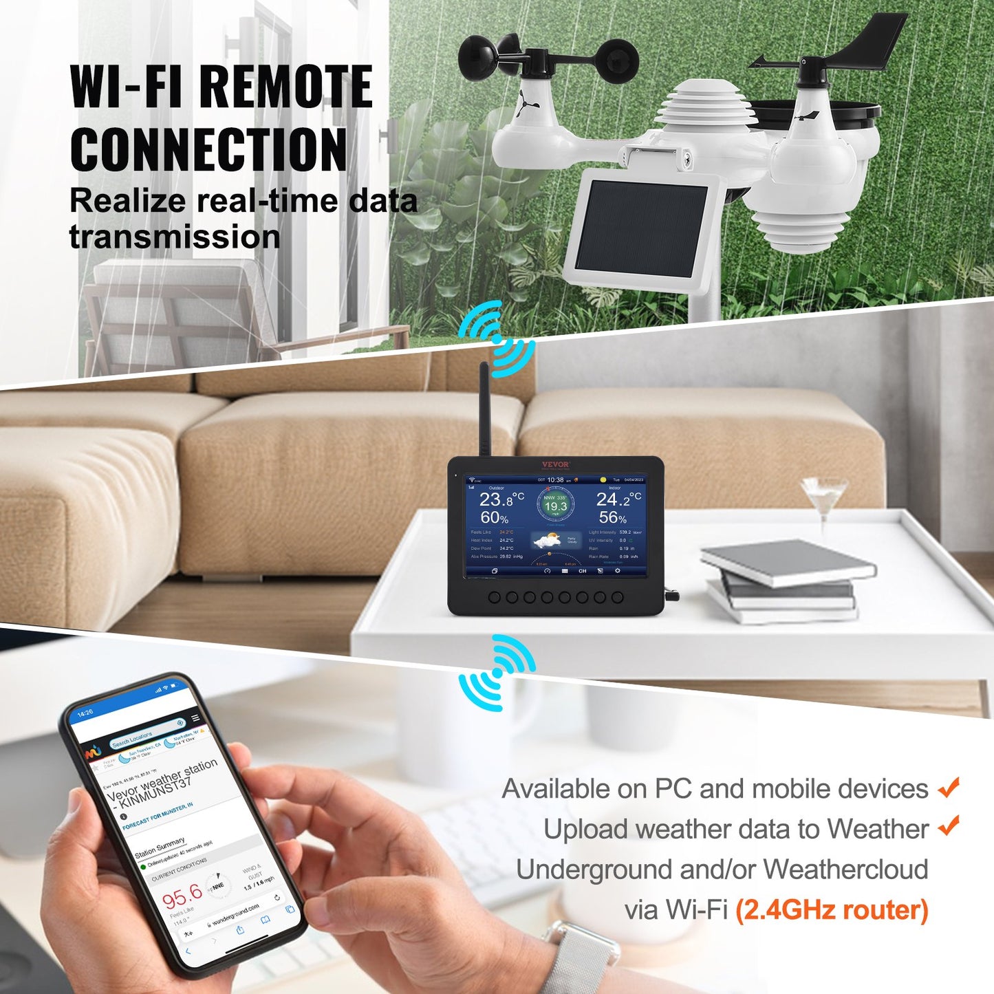 7-in-1 Wi-Fi Weather Station with TFT Display Outdoor Sensor - Black