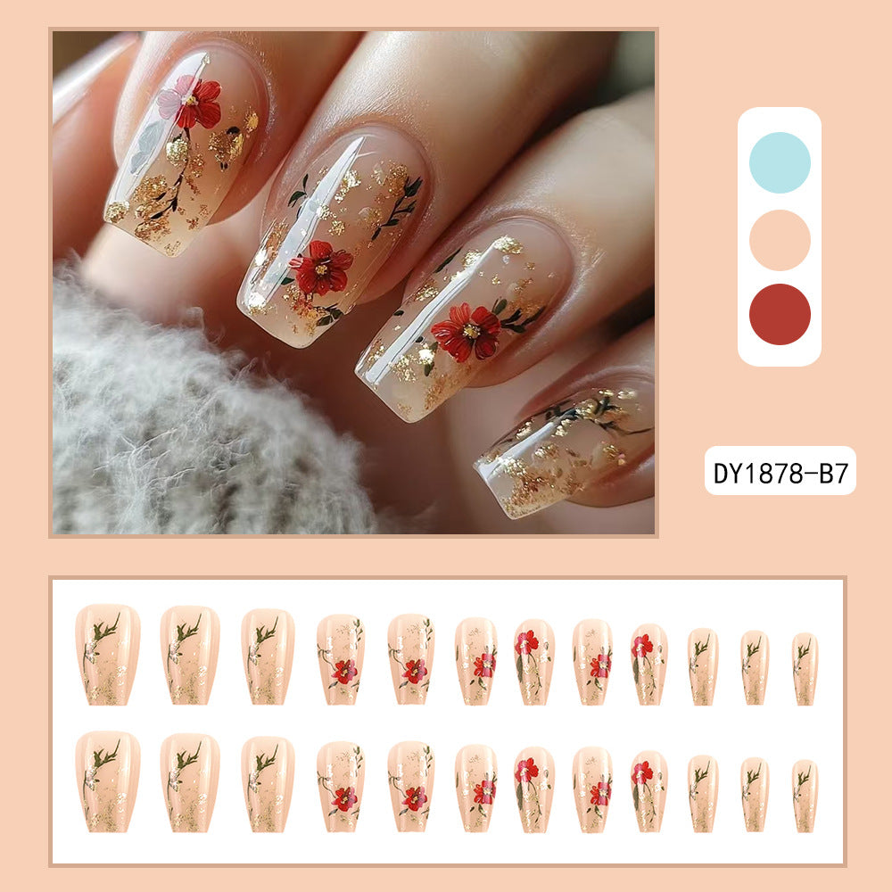 Gold Glitter Nail Tips with Red Rose Design - Short Nail Art Set
