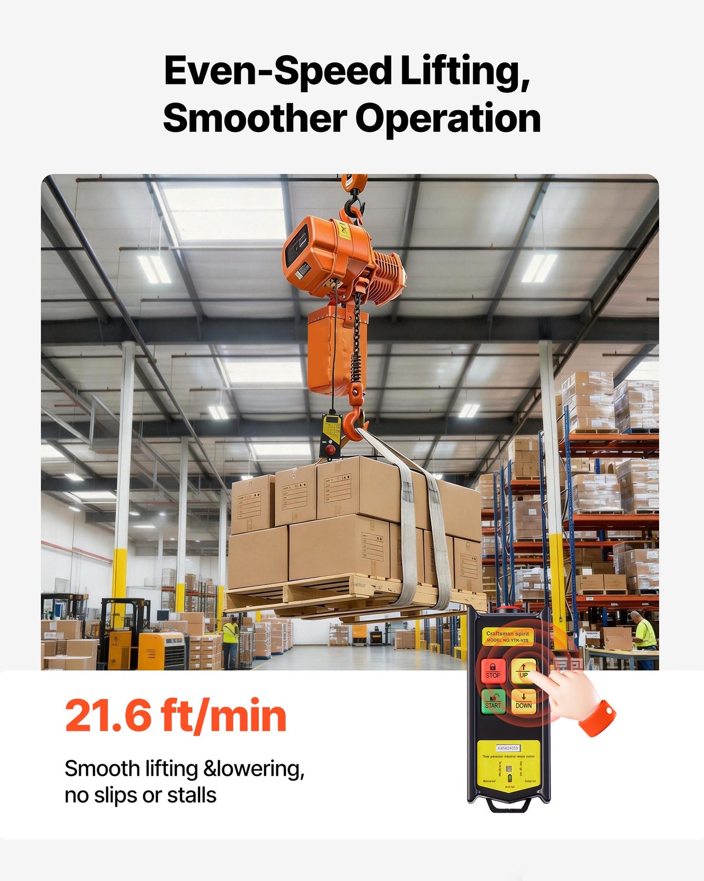 4400 Lb Electric Chain Hoist with Wireless Remote Control, 20 Ft Lift, Three-Phase Industrial Overhead Crane