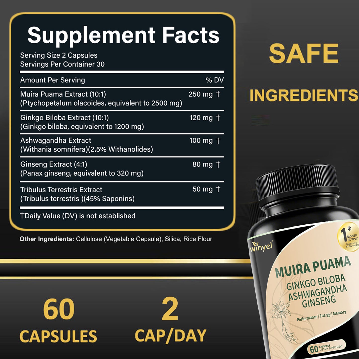 Herbal Supplement Blend - Muira Puama, Ginseng, Ashwagandha - 60 Capsules