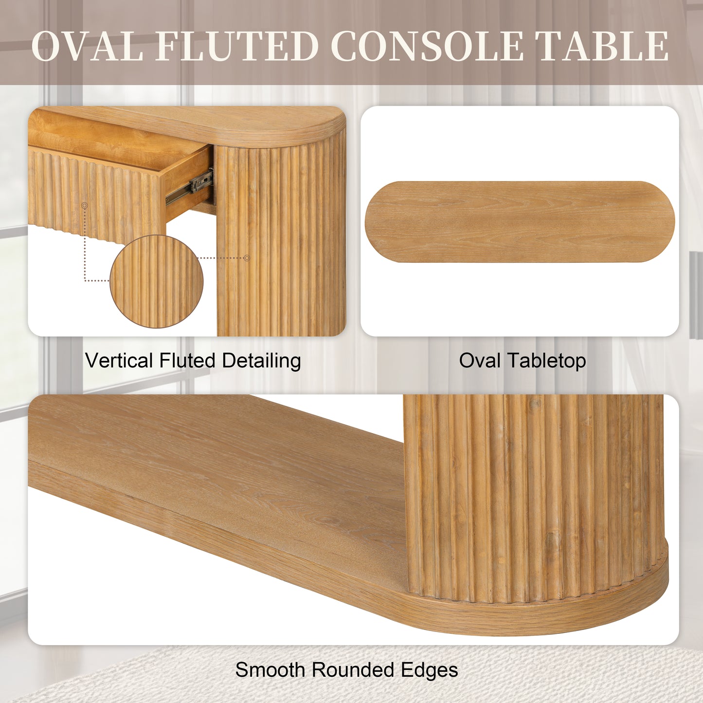 Oval Fluted Console Table with 2 Drawers & Bottom Shelf - Natural