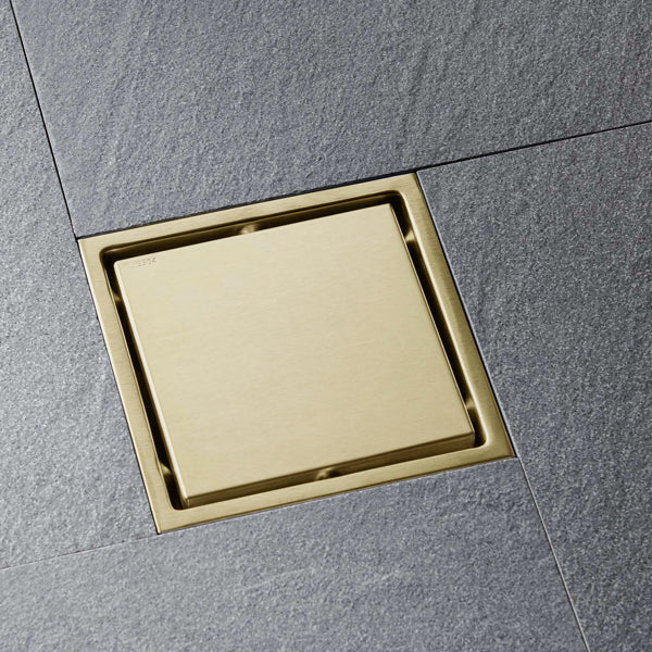6 Inch Square Shower Drain with Removable Cover & Hair Strainer - Brushed Gold, Stainless Steel
