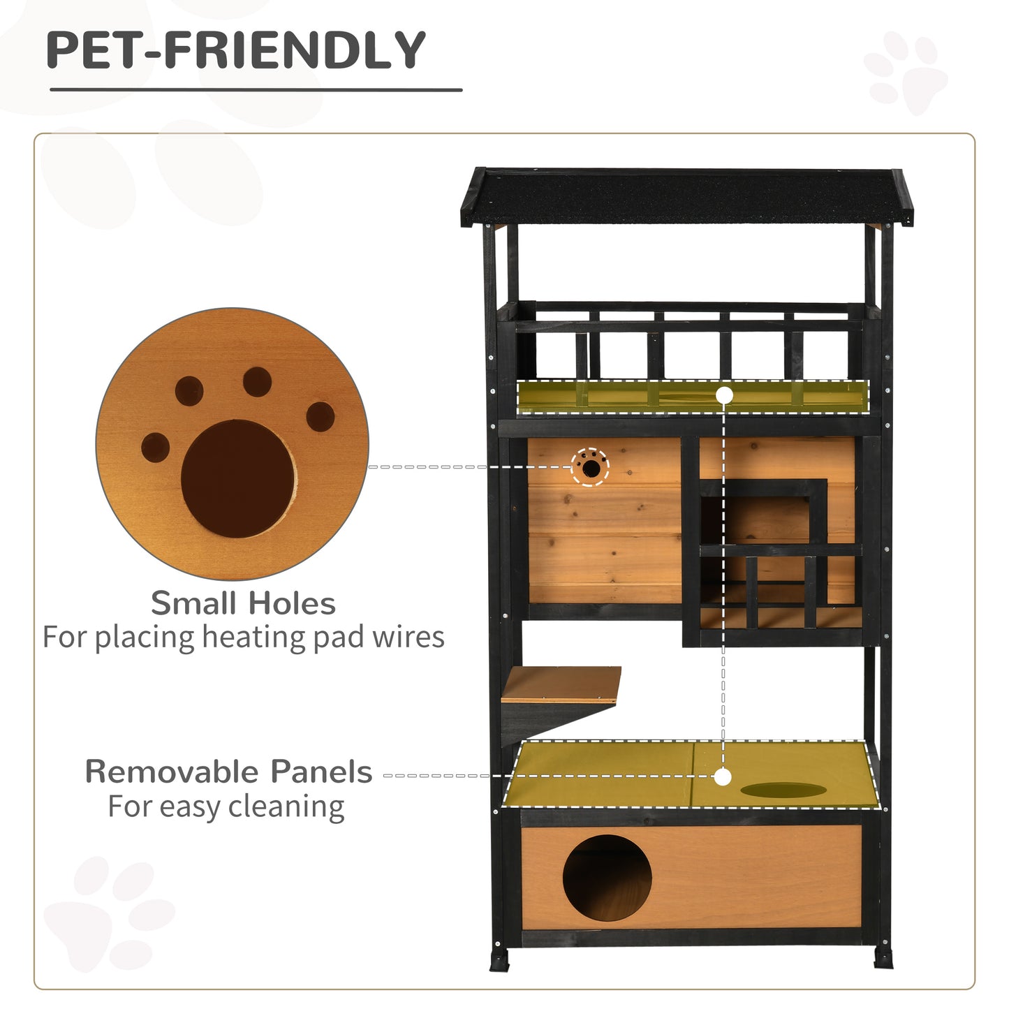 Wooden Outdoor Cat House with Asphalt Roof and Escape Doors - Feral Cat Shelter Kitten Condo Yellow 1095x725x215 mm