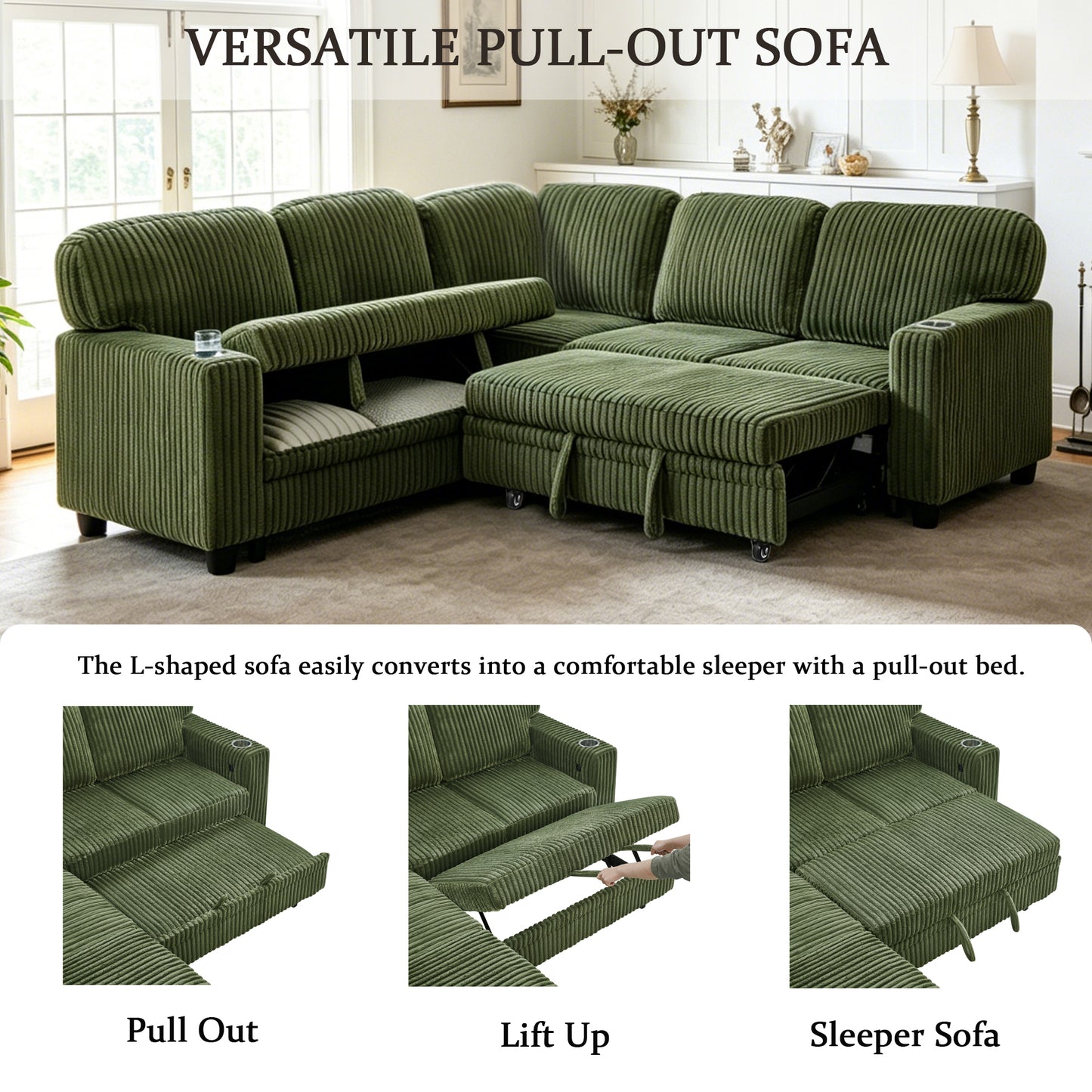 L-Shaped Sectional Sofa Bed with USB Charging & Storage - Olive Green