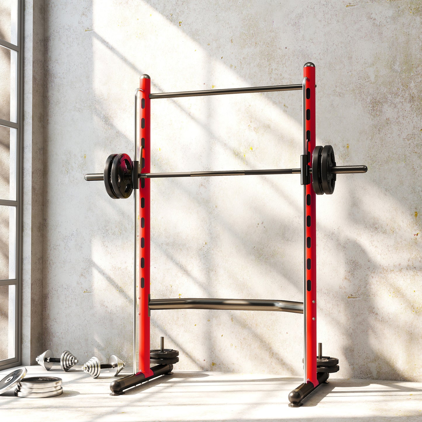 Adjustable Half Rack with Pull-Up Bar and Barbell Stand - Red