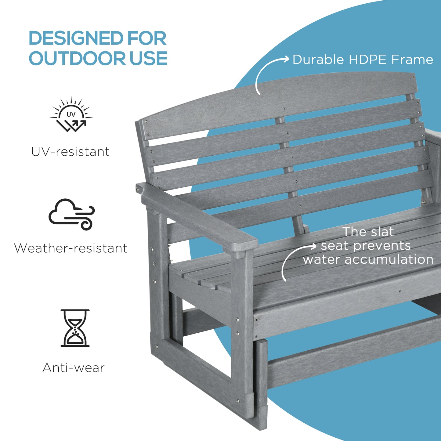 Outdoor Patio Glider Bench - HDPE Slatted Rocking Chair, Light Gray