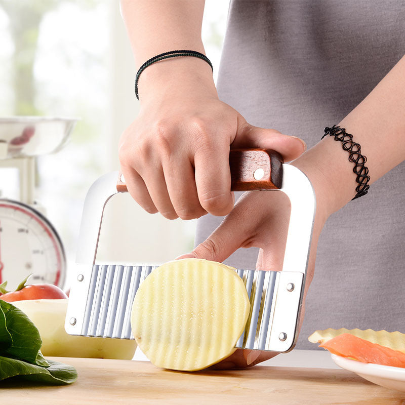 Stainless Steel French Fry Cutter with Wooden Handle Wavy Blade Kitchen Tool