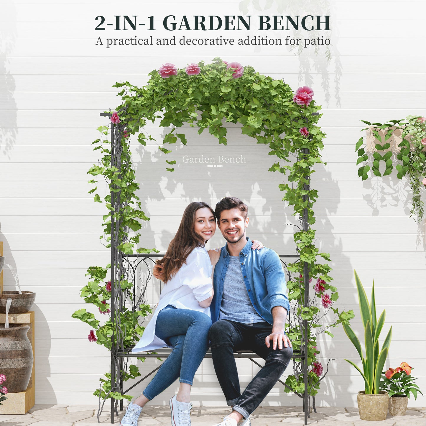 Garden Arbor Arch with Bench for Climbing Plants - Black