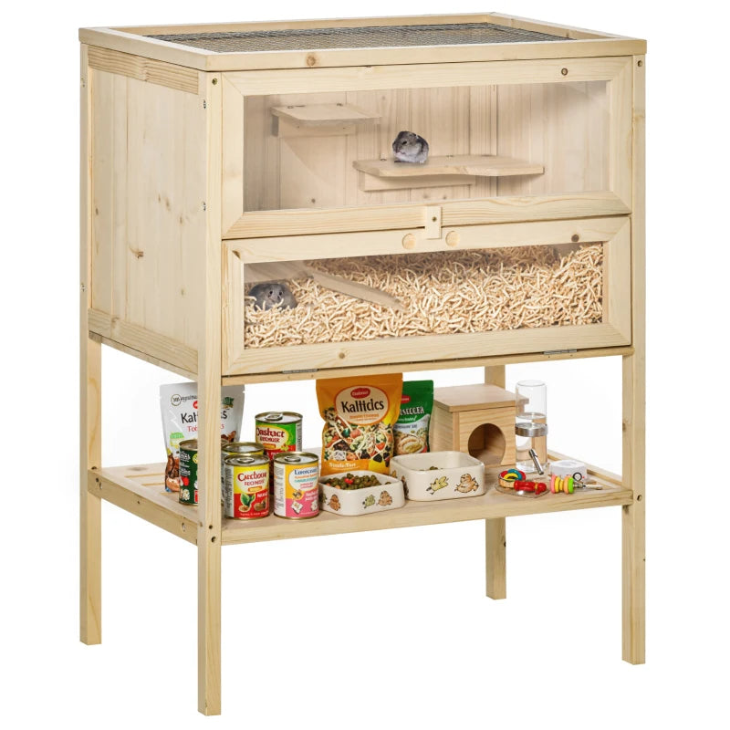 3-Tier Wooden Hamster Cage with Openable Top & Shelves - Natural Wood Small Animal Habitat