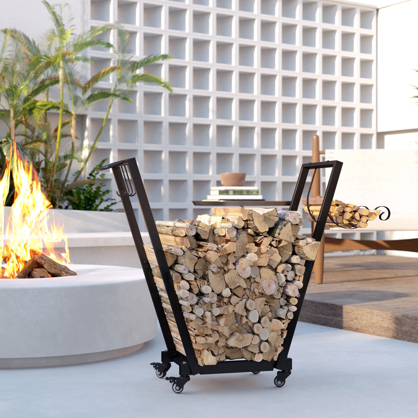 Firewood Rack with Wheels - Metal Log Holder with Kindling & Tool Hooks, Indoor/Outdoor, 31.1 x 11.8 x 31.9 Inches, Black