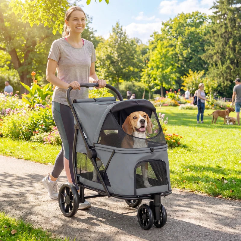 Pet Stroller for Medium Dogs - 3 Wheel Folding Canopy Mesh Window Gray