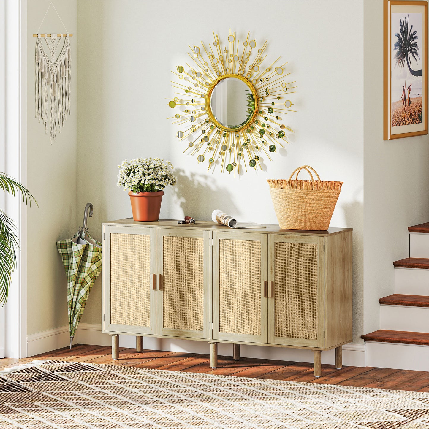 Bohemian Buffet Cabinet - 62.2" Sideboard with Rattan Doors